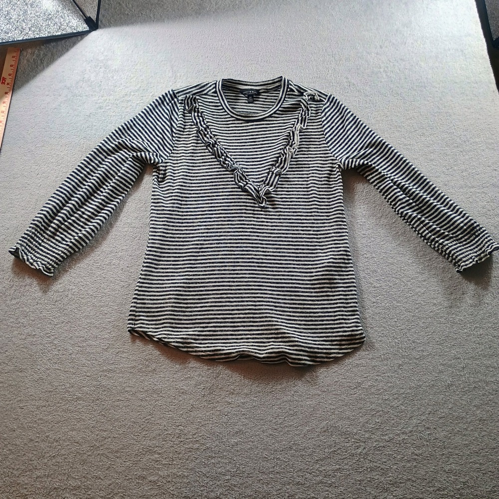 Lucky Brand Women Striped‎ Ruffle V-Neck Knit Top Black White Small Long Sleeve